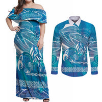 Kuri Dog Waka New Zealand Matariki Couples Matching Off Shoulder Maxi Dress and Long Sleeve Button Shirt Ocean Sharks Maori Tattoo