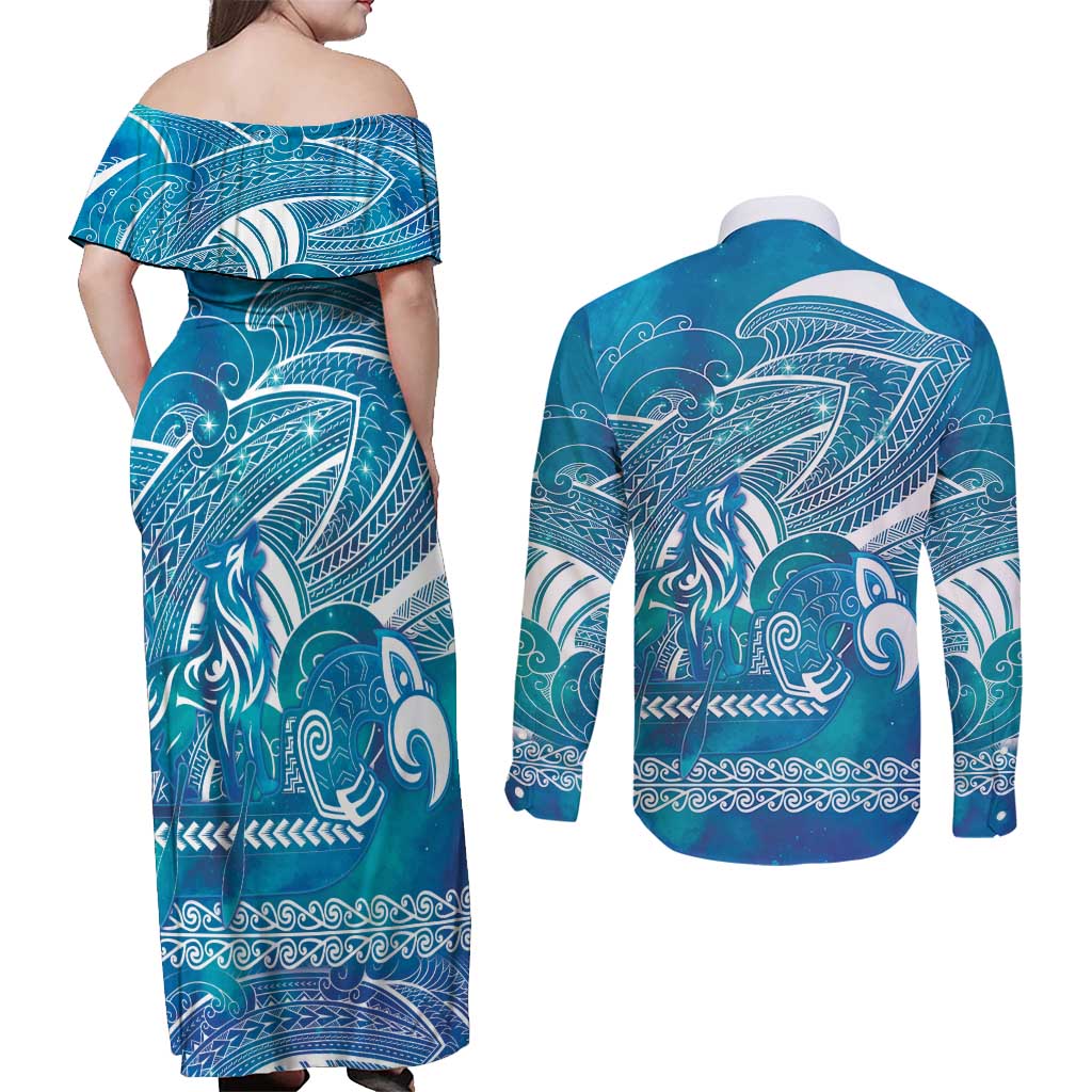 Kuri Dog Waka New Zealand Matariki Couples Matching Off Shoulder Maxi Dress and Long Sleeve Button Shirt Ocean Sharks Maori Tattoo