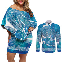 Kuri Dog Waka New Zealand Matariki Couples Matching Off Shoulder Short Dress and Long Sleeve Button Shirt Ocean Sharks Maori Tattoo