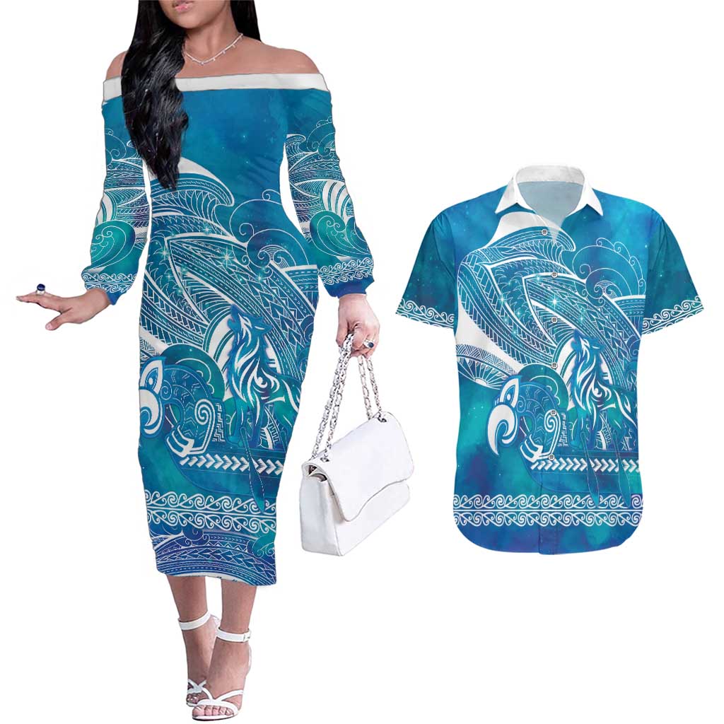 Kuri Dog Waka New Zealand Matariki Couples Matching Off The Shoulder Long Sleeve Dress and Hawaiian Shirt Ocean Sharks Maori Tattoo