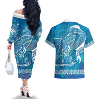 Kuri Dog Waka New Zealand Matariki Couples Matching Off The Shoulder Long Sleeve Dress and Hawaiian Shirt Ocean Sharks Maori Tattoo