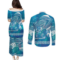 Kuri Dog Waka New Zealand Matariki Couples Matching Puletasi and Long Sleeve Button Shirt Ocean Sharks Maori Tattoo