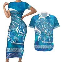 Kuri Dog Waka New Zealand Matariki Couples Matching Short Sleeve Bodycon Dress and Hawaiian Shirt Ocean Sharks Maori Tattoo