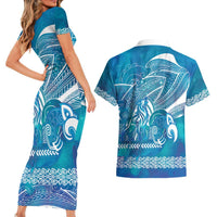 Kuri Dog Waka New Zealand Matariki Couples Matching Short Sleeve Bodycon Dress and Hawaiian Shirt Ocean Sharks Maori Tattoo