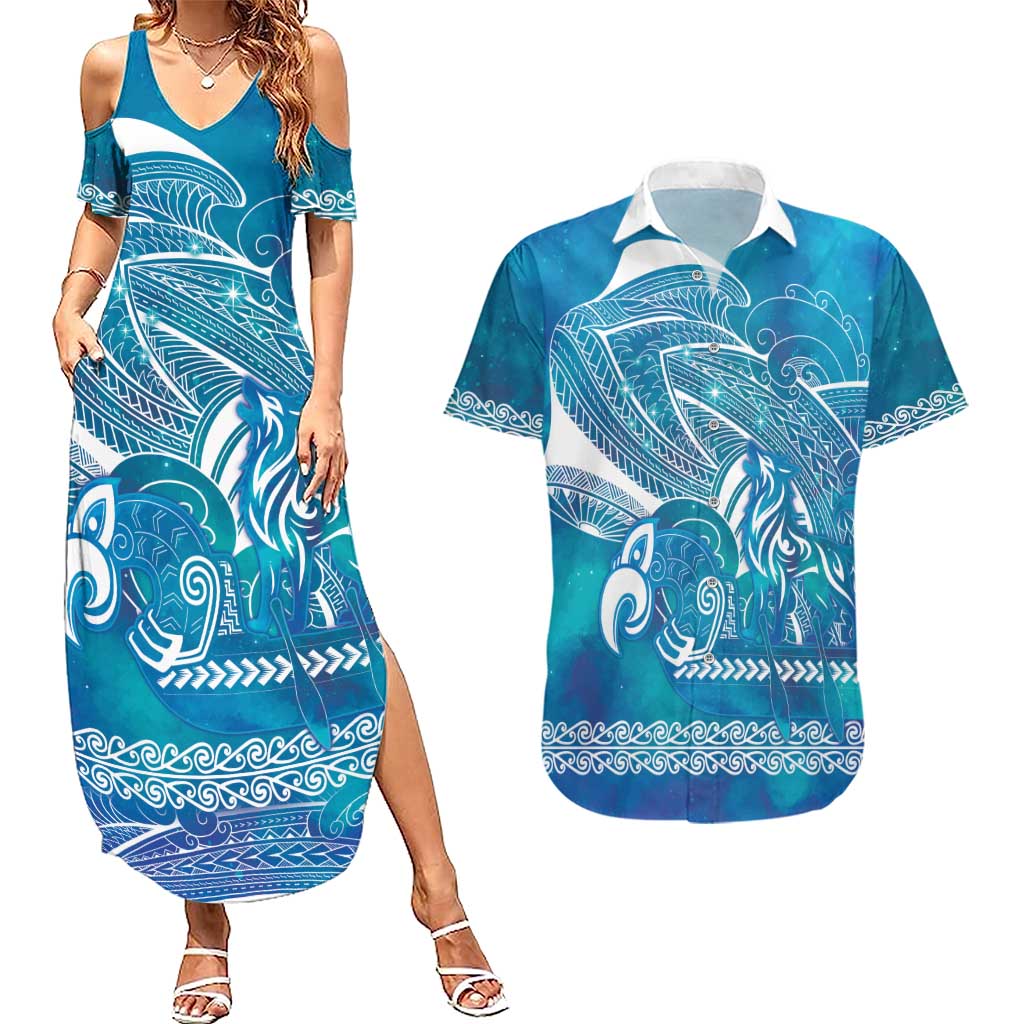 Kuri Dog Waka New Zealand Matariki Couples Matching Summer Maxi Dress and Hawaiian Shirt Ocean Sharks Maori Tattoo