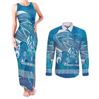 Kuri Dog Waka New Zealand Matariki Couples Matching Tank Maxi Dress and Long Sleeve Button Shirt Ocean Sharks Maori Tattoo