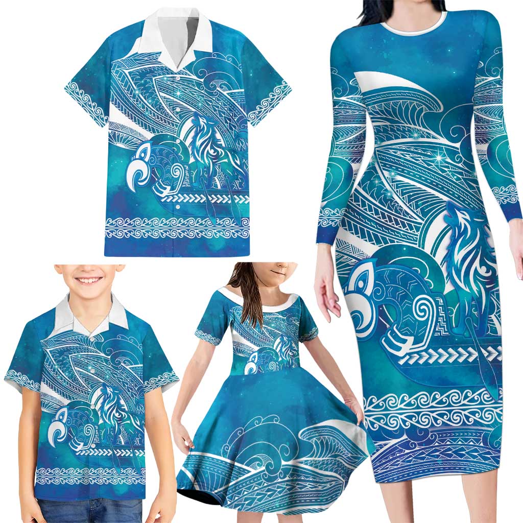Kuri Dog Waka New Zealand Matariki Family Matching Long Sleeve Bodycon Dress and Hawaiian Shirt Ocean Sharks Maori Tattoo