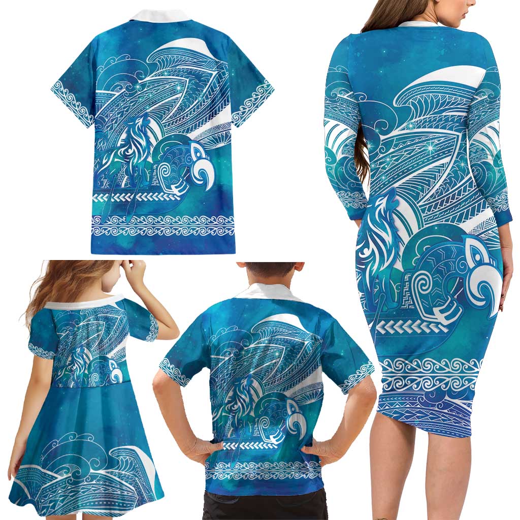 Kuri Dog Waka New Zealand Matariki Family Matching Long Sleeve Bodycon Dress and Hawaiian Shirt Ocean Sharks Maori Tattoo