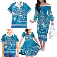 Kuri Dog Waka New Zealand Matariki Family Matching Off The Shoulder Long Sleeve Dress and Hawaiian Shirt Ocean Sharks Maori Tattoo