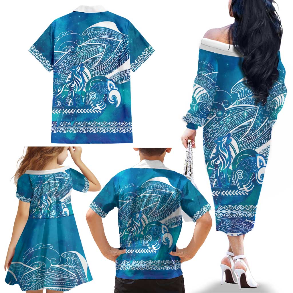 Kuri Dog Waka New Zealand Matariki Family Matching Off The Shoulder Long Sleeve Dress and Hawaiian Shirt Ocean Sharks Maori Tattoo