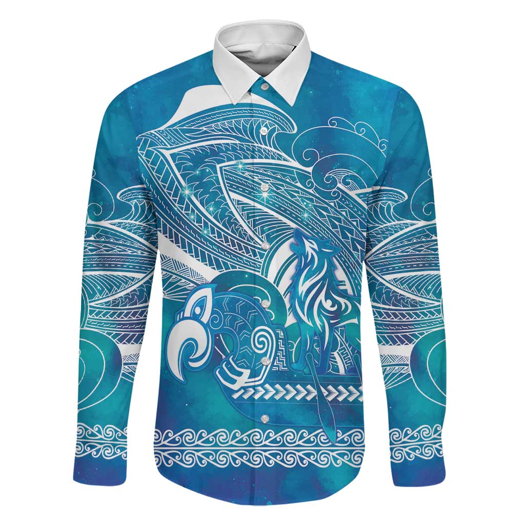 Kuri Dog Waka New Zealand Matariki Family Matching Off The Shoulder Long Sleeve Dress and Hawaiian Shirt Ocean Sharks Maori Tattoo