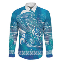 Kuri Dog Waka New Zealand Matariki Family Matching Off The Shoulder Long Sleeve Dress and Hawaiian Shirt Ocean Sharks Maori Tattoo