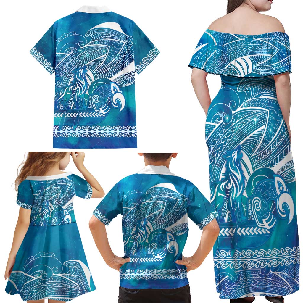 Kuri Dog Waka New Zealand Matariki Family Matching Off Shoulder Maxi Dress and Hawaiian Shirt Ocean Sharks Maori Tattoo