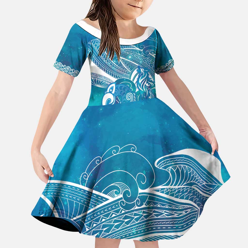 Kuri Dog Waka New Zealand Matariki Family Matching Off Shoulder Short Dress and Hawaiian Shirt Ocean Sharks Maori Tattoo
