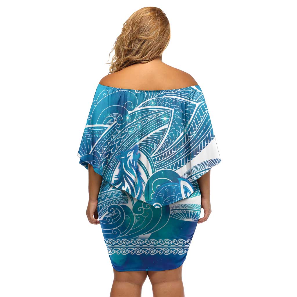 Kuri Dog Waka New Zealand Matariki Family Matching Off Shoulder Short Dress and Hawaiian Shirt Ocean Sharks Maori Tattoo