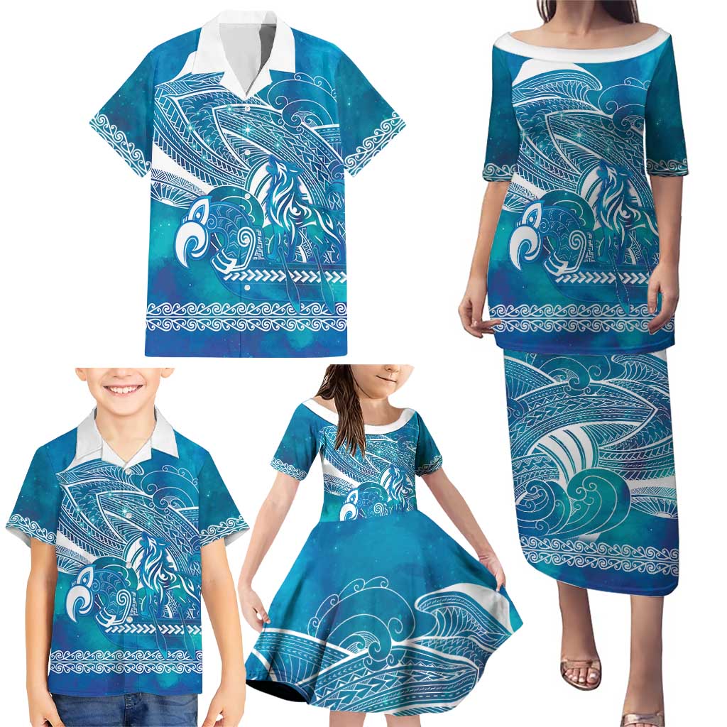 Kuri Dog Waka New Zealand Matariki Family Matching Puletasi and Hawaiian Shirt Ocean Sharks Maori Tattoo