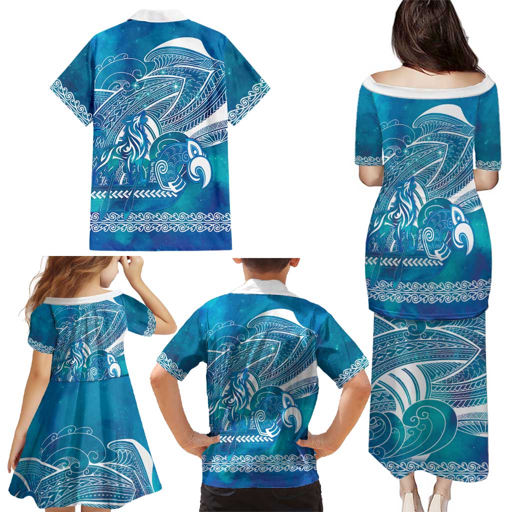 Kuri Dog Waka New Zealand Matariki Family Matching Puletasi and Hawaiian Shirt Ocean Sharks Maori Tattoo