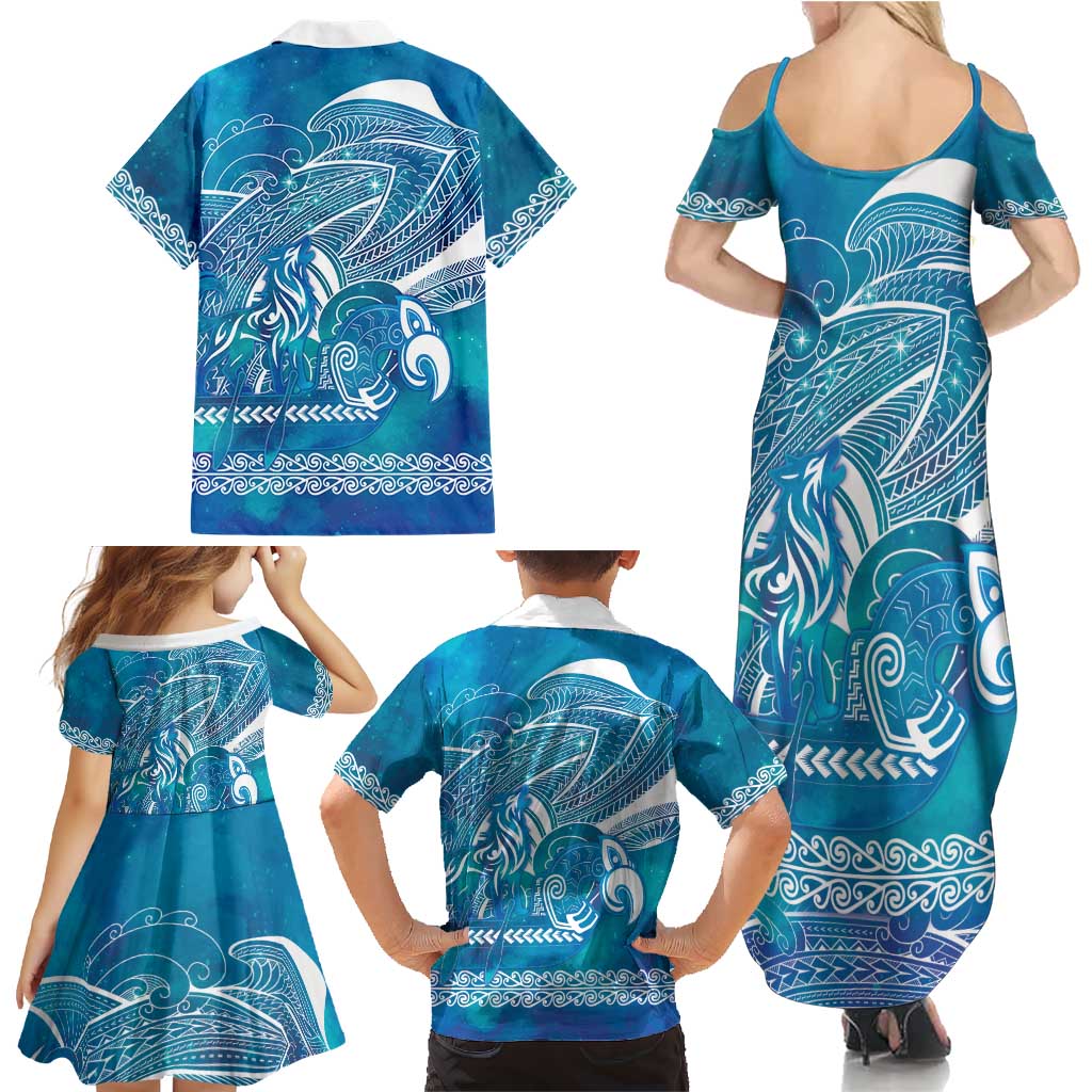 Kuri Dog Waka New Zealand Matariki Family Matching Summer Maxi Dress and Hawaiian Shirt Ocean Sharks Maori Tattoo