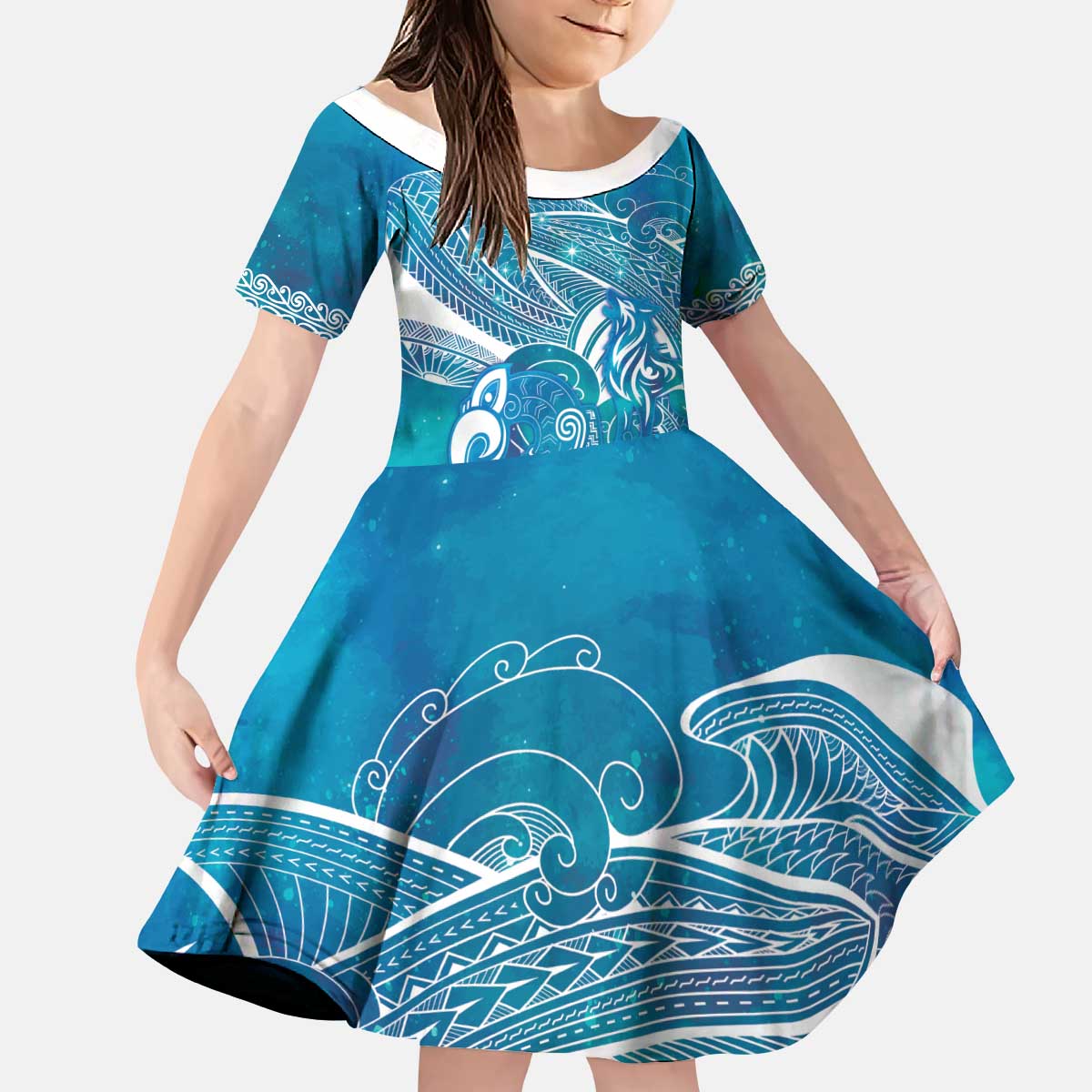 Kuri Dog Waka New Zealand Matariki Kid Short Sleeve Dress Ocean Sharks Maori Tattoo