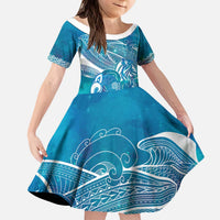 Kuri Dog Waka New Zealand Matariki Kid Short Sleeve Dress Ocean Sharks Maori Tattoo