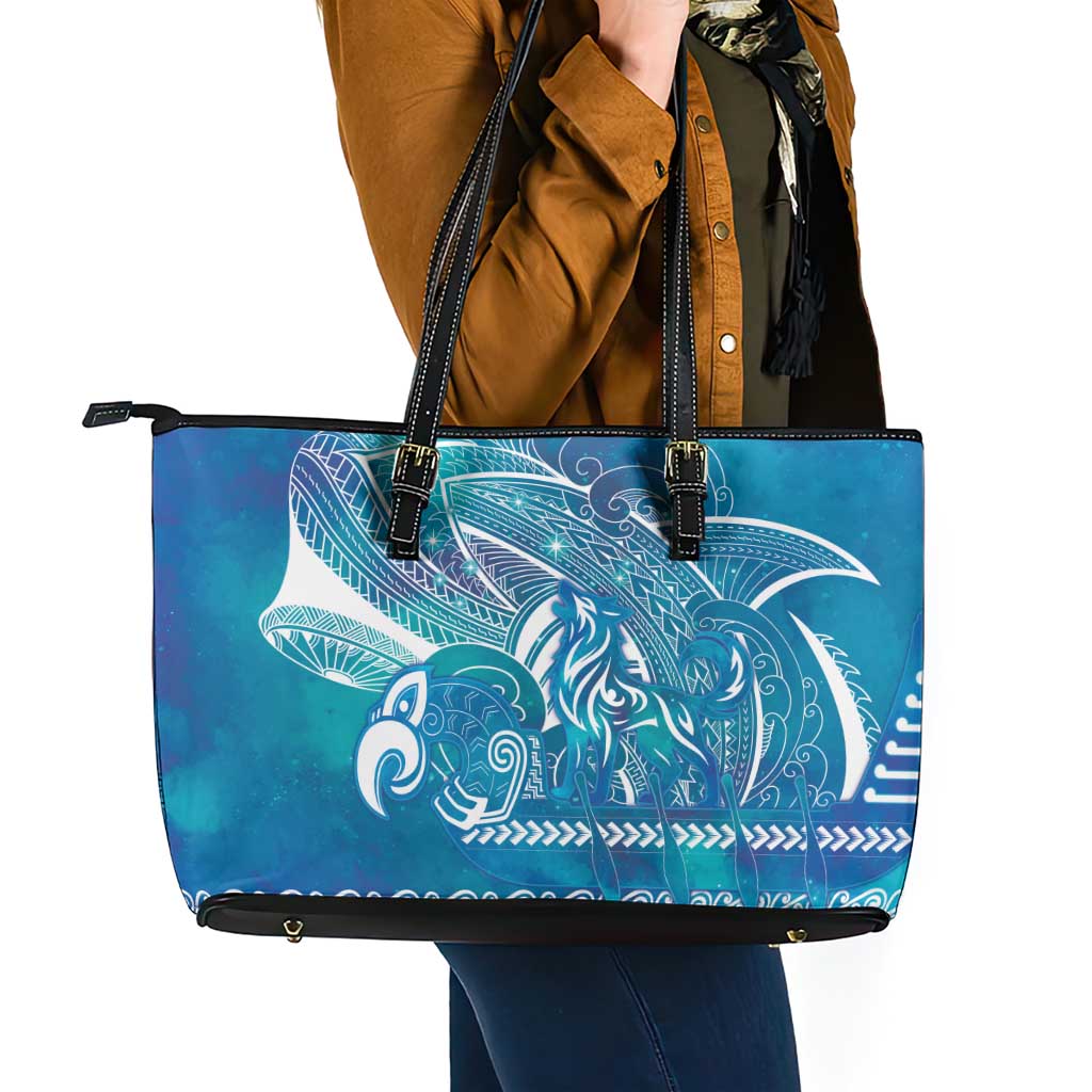 Kuri Dog Waka New Zealand Matariki Leather Tote Bag Ocean Sharks Maori Tattoo