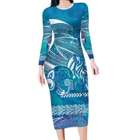 Kuri Dog Waka New Zealand Matariki Long Sleeve Bodycon Dress Ocean Sharks Maori Tattoo