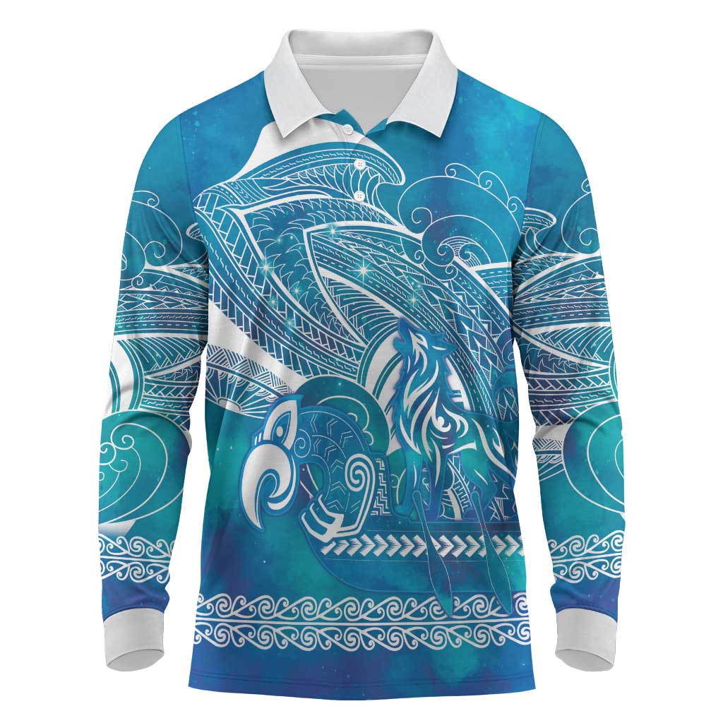 Kuri Dog Waka New Zealand Matariki Long Sleeve Polo Shirt Ocean Sharks Maori Tattoo