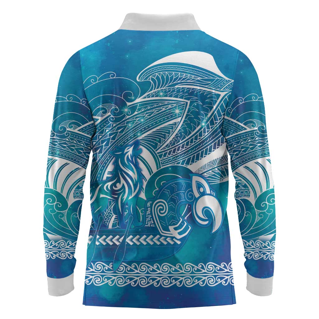 Kuri Dog Waka New Zealand Matariki Long Sleeve Polo Shirt Ocean Sharks Maori Tattoo