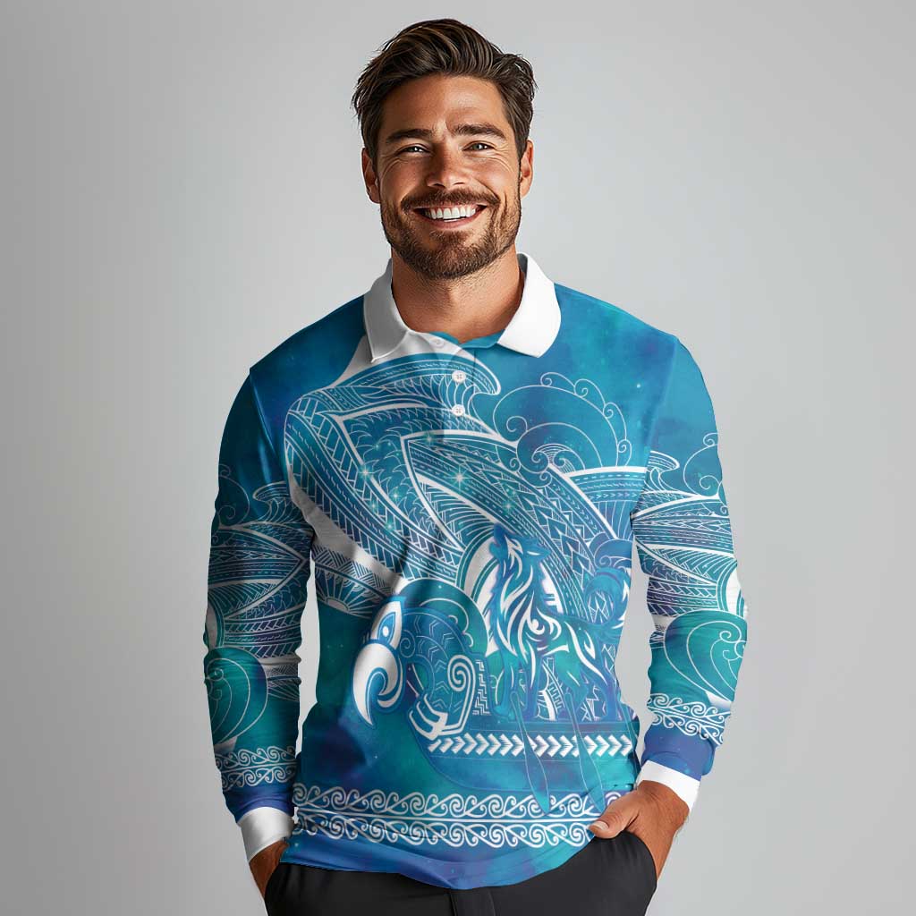 Kuri Dog Waka New Zealand Matariki Long Sleeve Polo Shirt Ocean Sharks Maori Tattoo