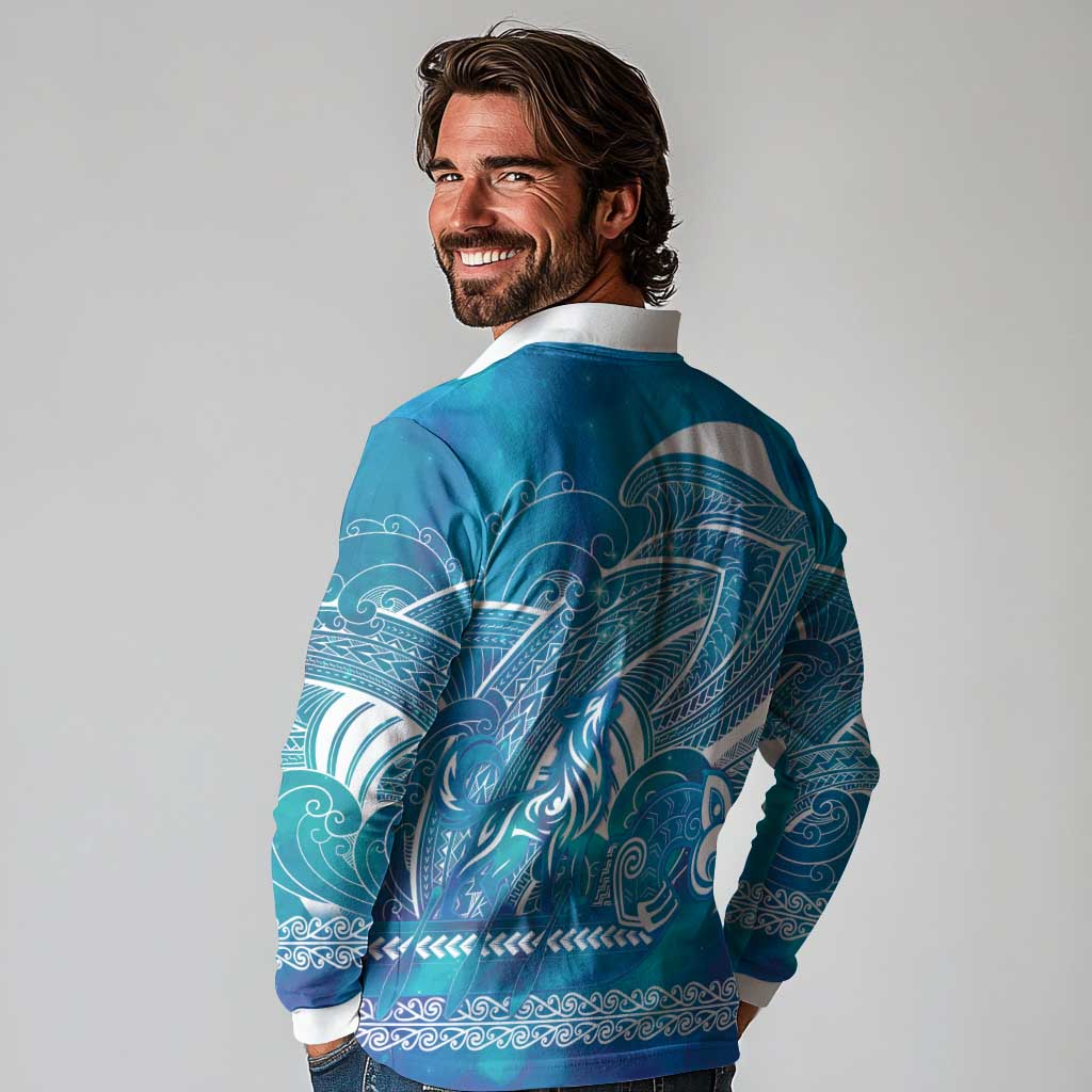 Kuri Dog Waka New Zealand Matariki Long Sleeve Polo Shirt Ocean Sharks Maori Tattoo
