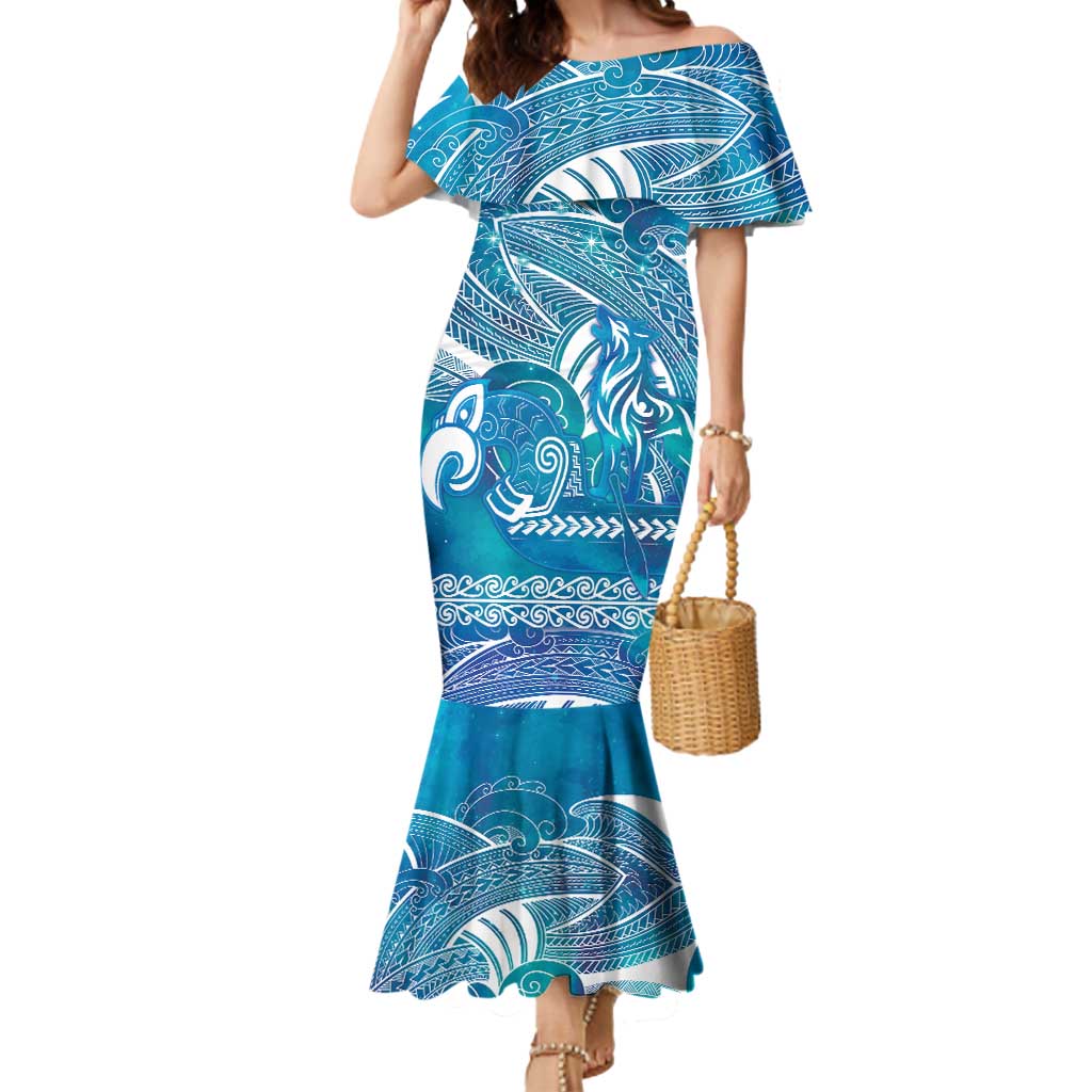 Kuri Dog Waka New Zealand Matariki Mermaid Dress Ocean Sharks Maori Tattoo LT14 Women Blue - Polynesian Pride