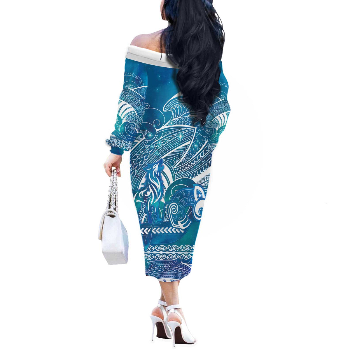 Kuri Dog Waka New Zealand Matariki Off The Shoulder Long Sleeve Dress Ocean Sharks Maori Tattoo