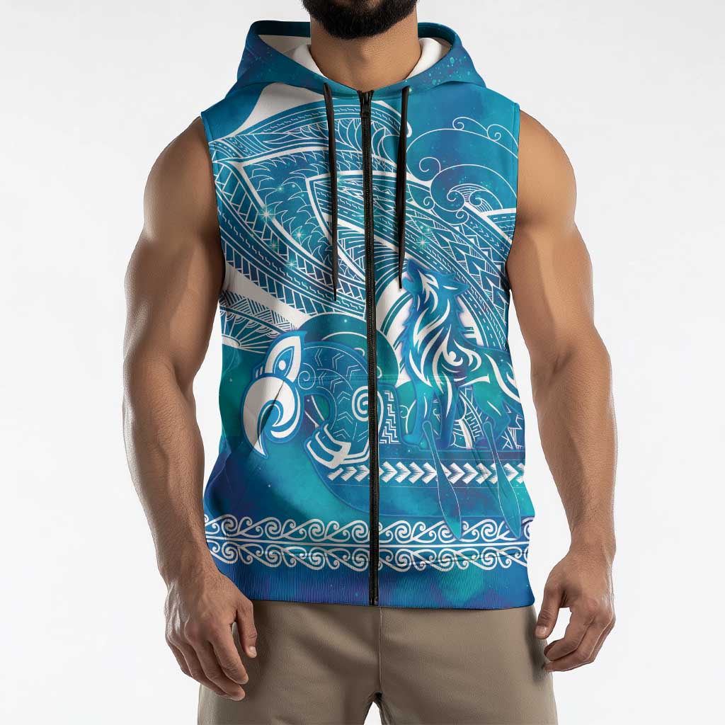 Kuri Dog Waka New Zealand Matariki Sleeveless Zip Hoodie Ocean Sharks Maori Tattoo