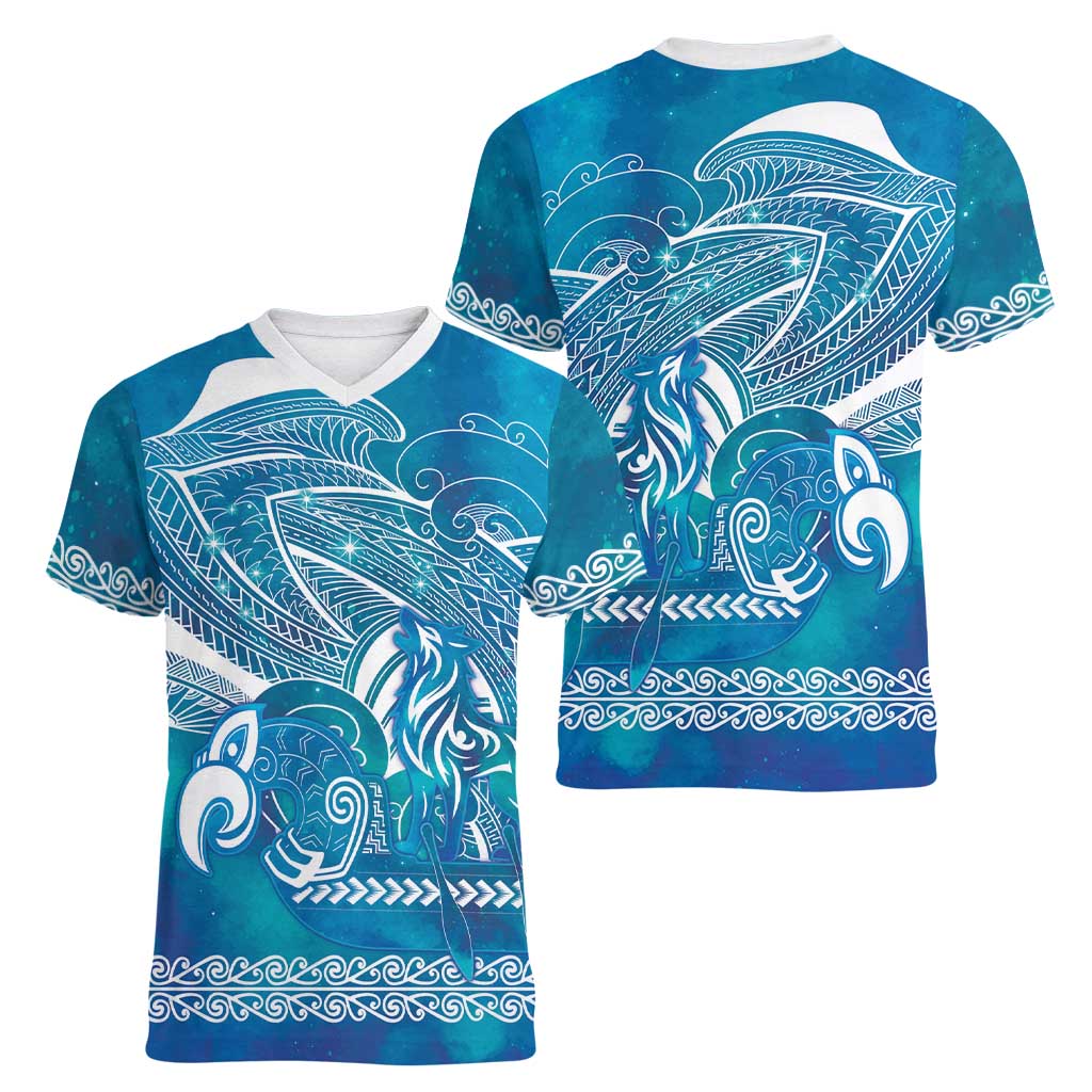 Kuri Dog Waka New Zealand Matariki Women V-Neck T-Shirt Ocean Sharks Maori Tattoo