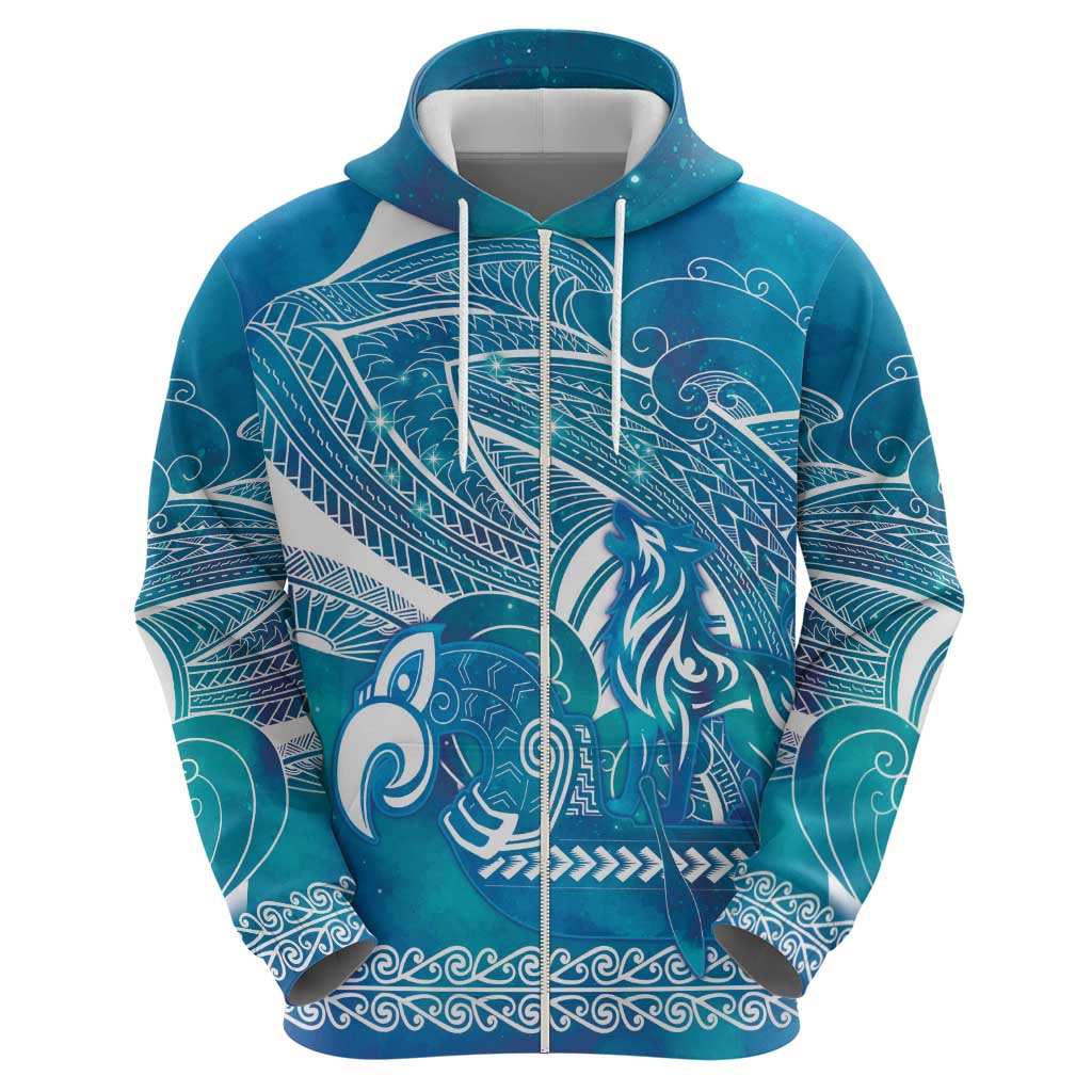 Kuri Dog Waka New Zealand Matariki Zip Hoodie Ocean Sharks Maori Tattoo