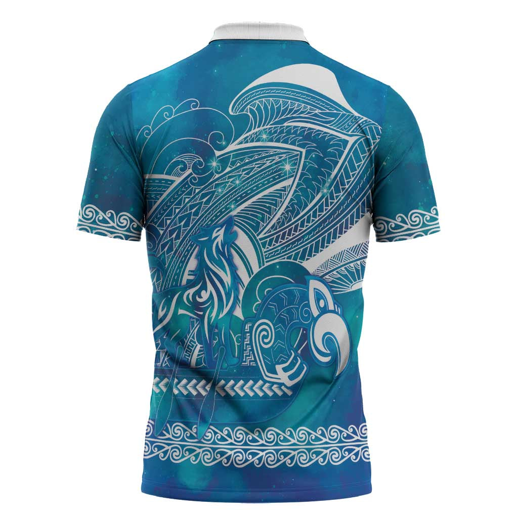 Kuri Dog Waka New Zealand Matariki Zipper Polo Shirt Ocean Sharks Maori Tattoo