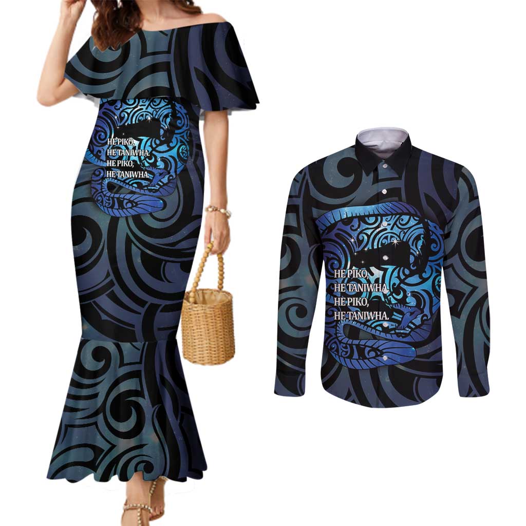 Tuna Eel New Zealand Matariki Couples Matching Mermaid Dress and Long Sleeve Button Shirt He Piko He Taniwha Maori Pattern LT14 Purple - Polynesian Pride