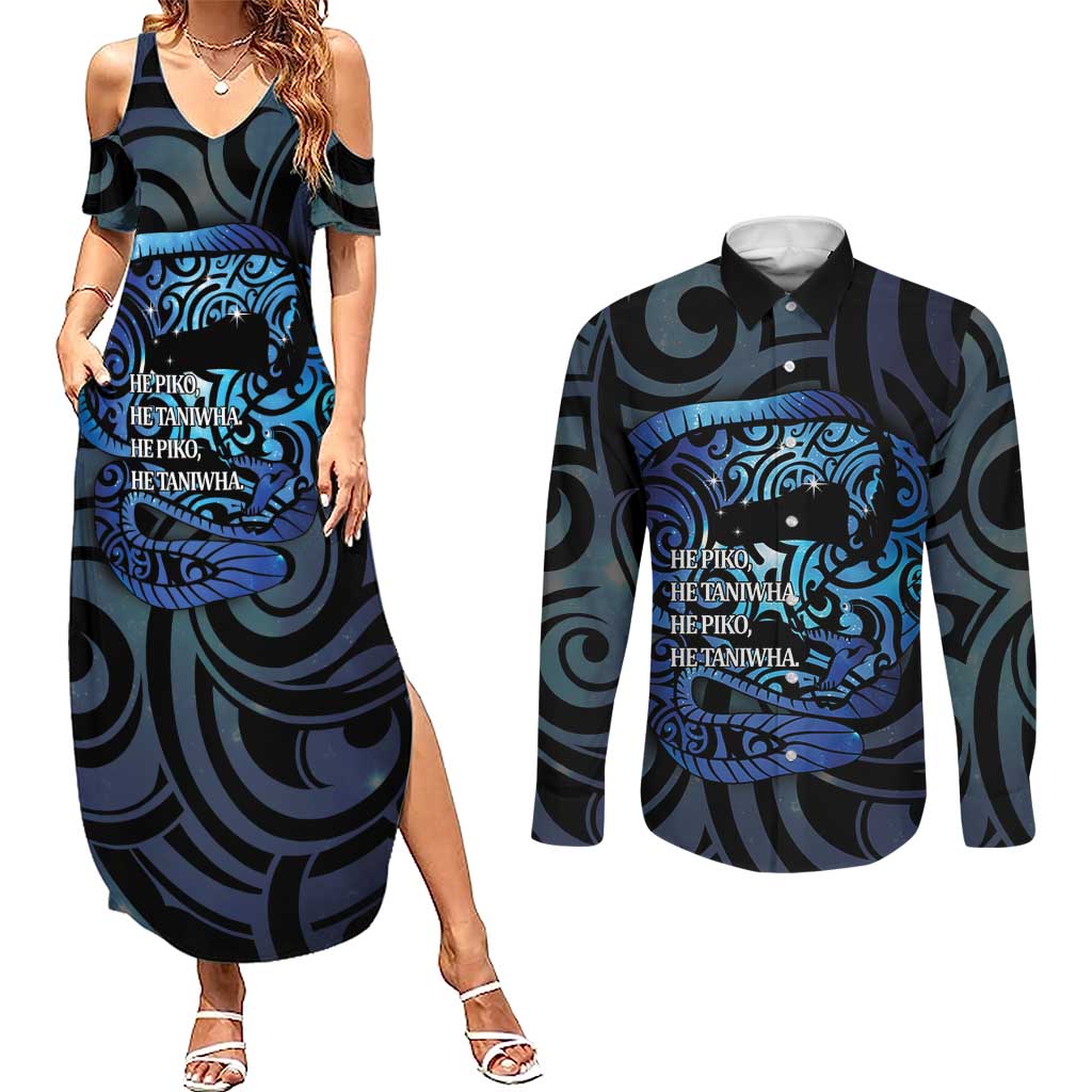 Tuna Eel New Zealand Matariki Couples Matching Summer Maxi Dress and Long Sleeve Button Shirt He Piko He Taniwha Maori Pattern