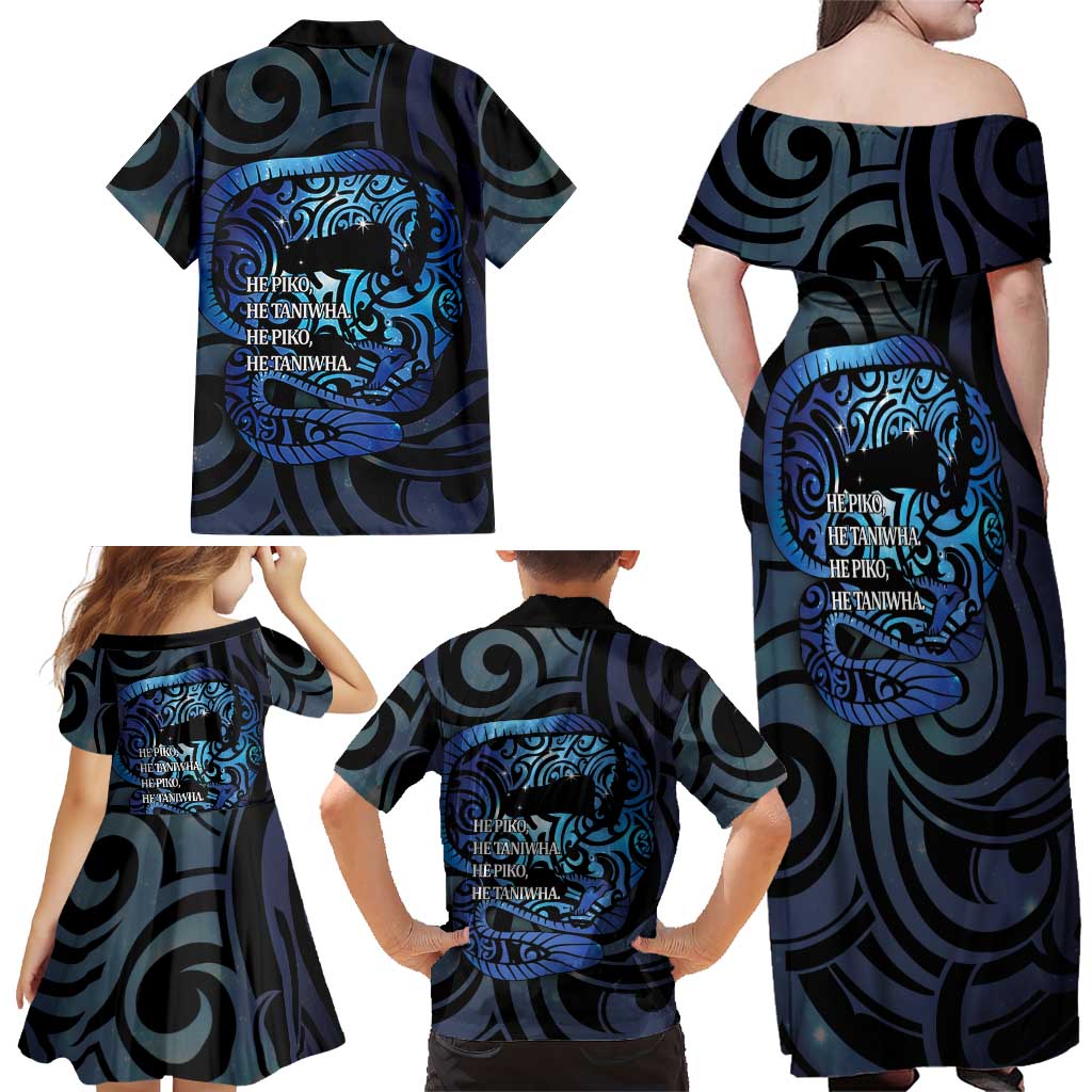 Tuna Eel New Zealand Matariki Family Matching Off Shoulder Maxi Dress and Hawaiian Shirt He Piko He Taniwha Maori Pattern