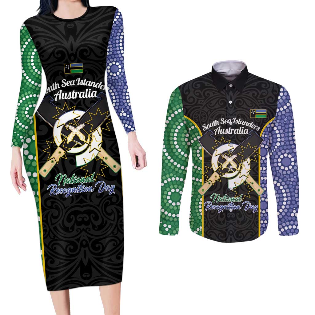 Personalised South Sea Islanders National Recognition Day Couples Matching Long Sleeve Bodycon Dress and Long Sleeve Button Shirt Australia Aboriginal Vanuatu Pig Tusk