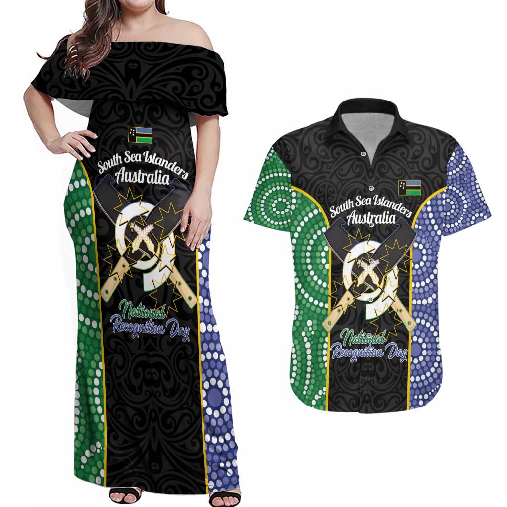 Personalised South Sea Islanders National Recognition Day Couples Matching Off Shoulder Maxi Dress and Hawaiian Shirt Australia Aboriginal Vanuatu Pig Tusk
