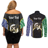 Personalised South Sea Islanders National Recognition Day Couples Matching Off Shoulder Short Dress and Long Sleeve Button Shirt Australia Aboriginal Vanuatu Pig Tusk