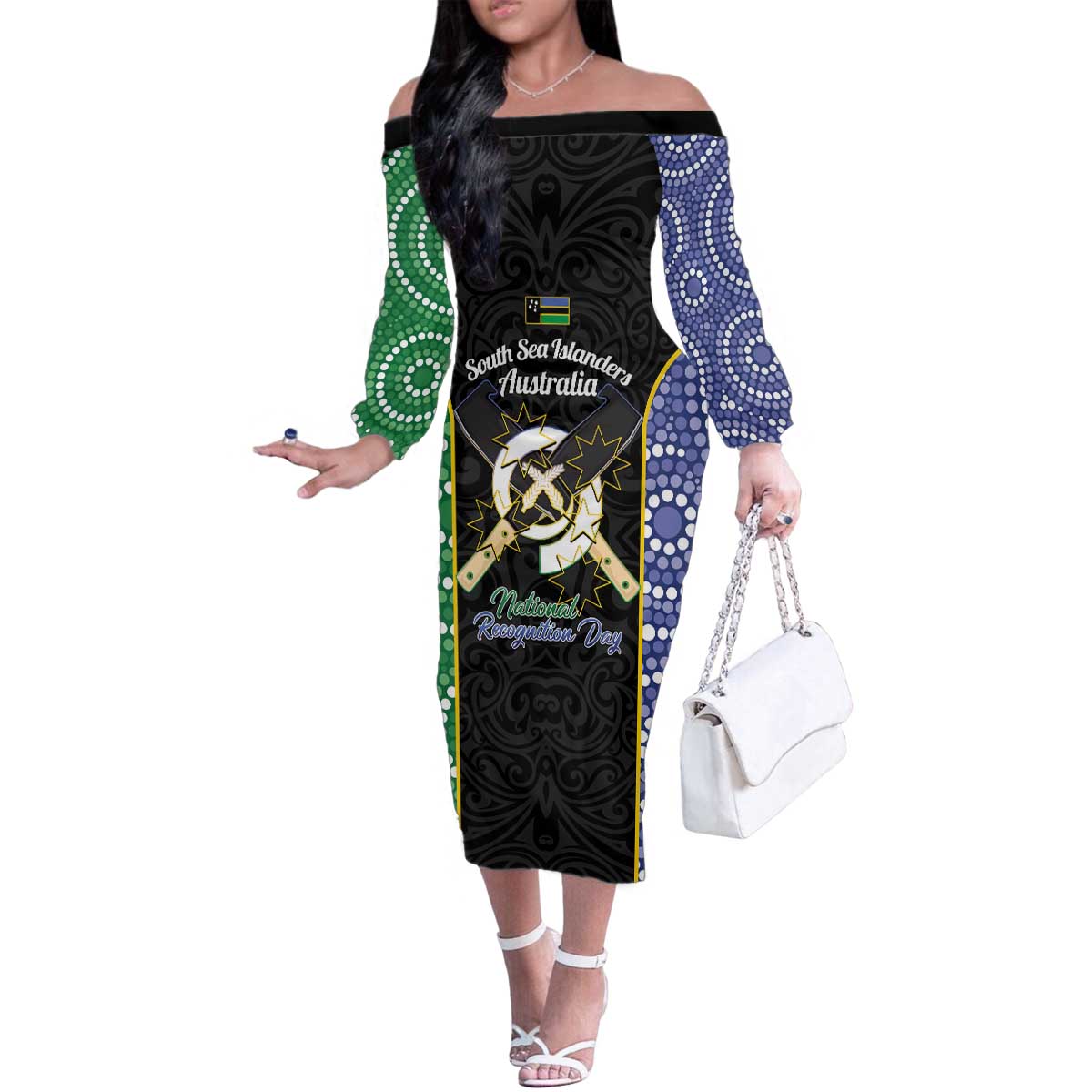 Personalised South Sea Islanders National Recognition Day Family Matching Off The Shoulder Long Sleeve Dress and Hawaiian Shirt Australia Aboriginal Vanuatu Pig Tusk