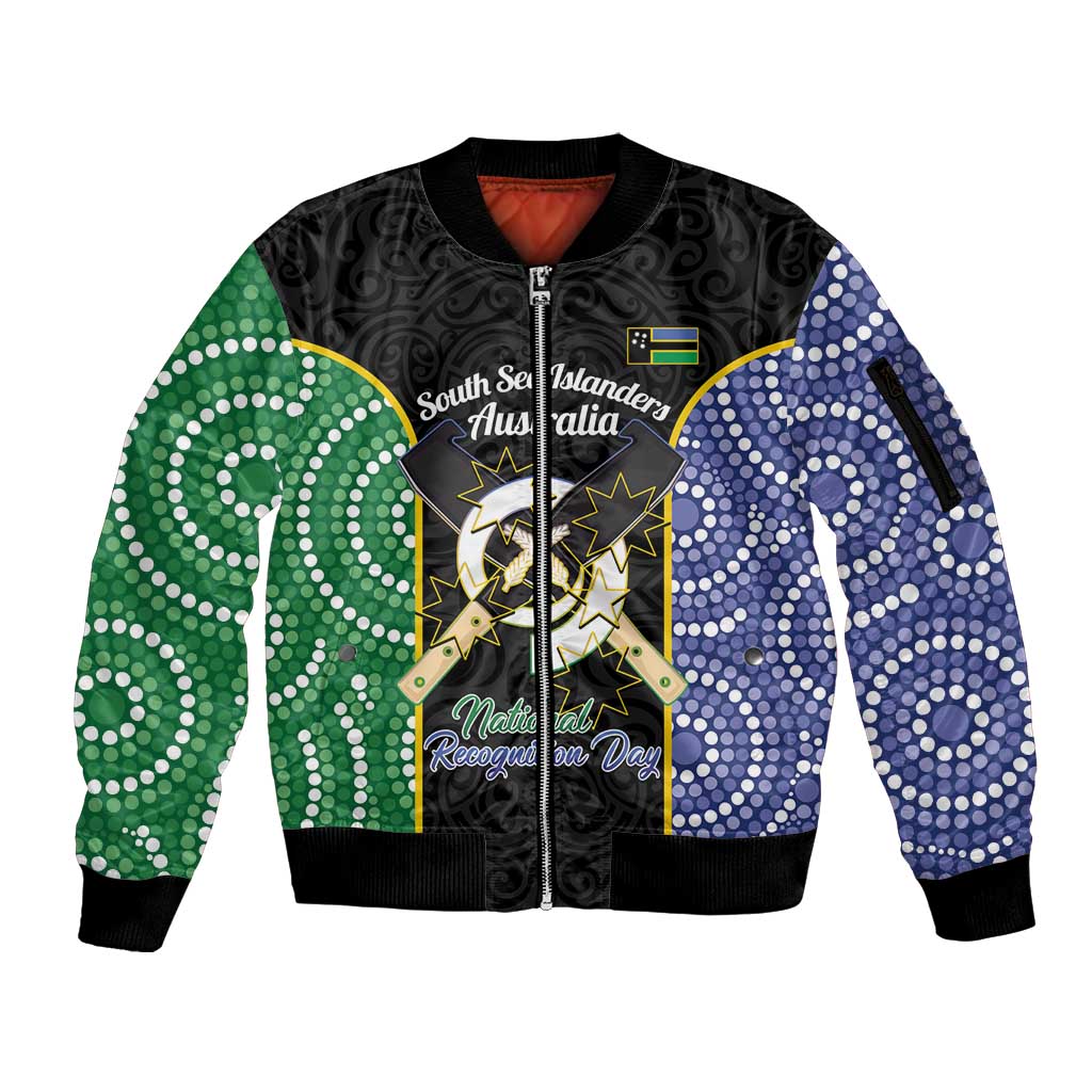 Personalised South Sea Islanders National Recognition Day Sleeve Zip Bomber Jacket Australia Aboriginal Vanuatu Pig Tusk LT14 Unisex Black - Polynesian Pride