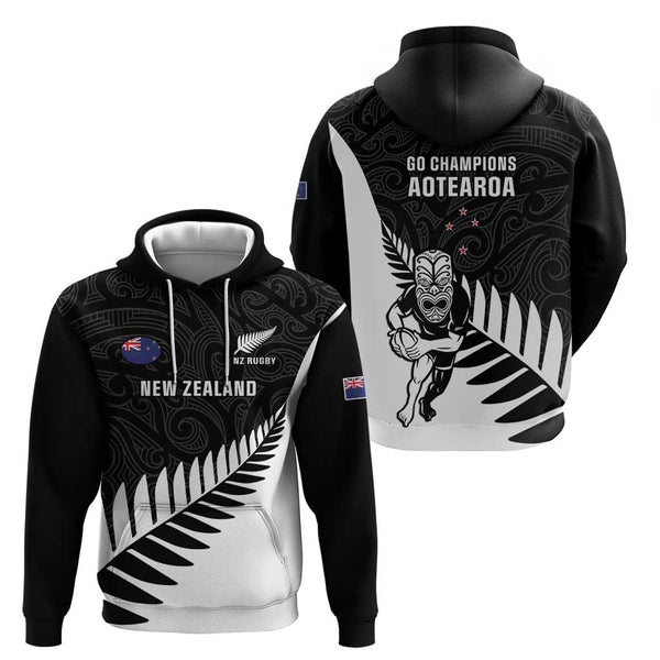 (Custom Text and Number) New Zealand Silver Fern Rugby Hoodie All Black Maori Version Black LT14 main image 1