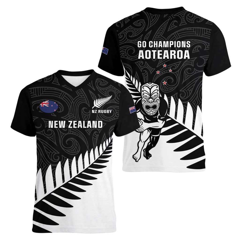 New Zealand Silver Fern Rugby Women V Neck T Shirt All Black Go Champions Maori Pattern LT14