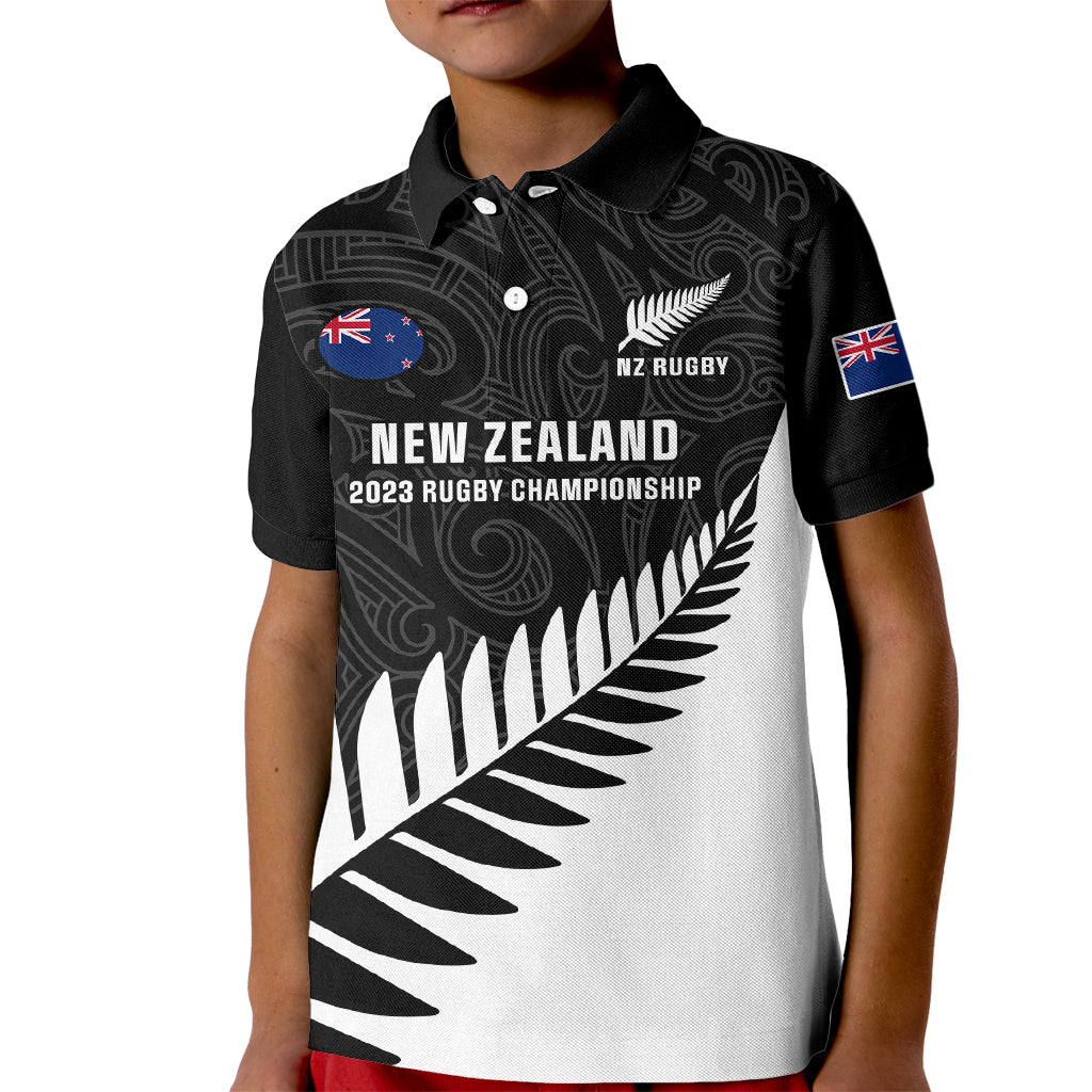 Personalised New Zealand Silver Fern Rugby Kid Polo Shirt All Black 2023 Go Champions Maori Pattern LT14 Kid Black - Polynesian Pride