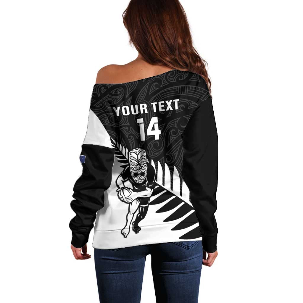 Personalised New Zealand Silver Fern Rugby Off Shoulder Sweater All Black Go Champions Maori Pattern LT14