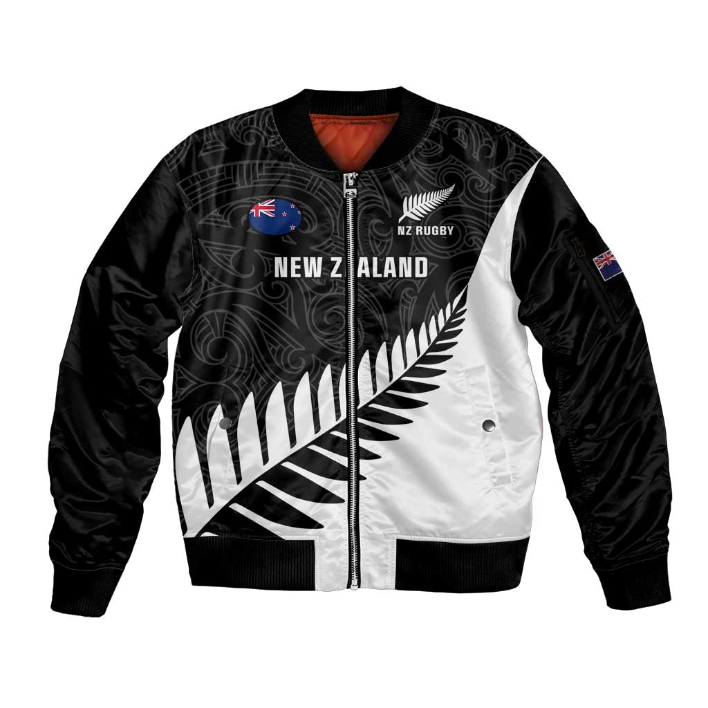 Personalised New Zealand Silver Fern Rugby Sleeve Zip Bomber Jacket All Black Go Champions Maori Pattern LT14