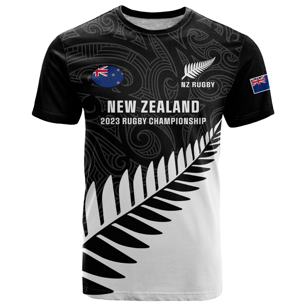 Custom New Zealand Silver Fern Rugby T Shirt All Black 2023 Go Champions Maori Pattern LT14 Black - Polynesian Pride